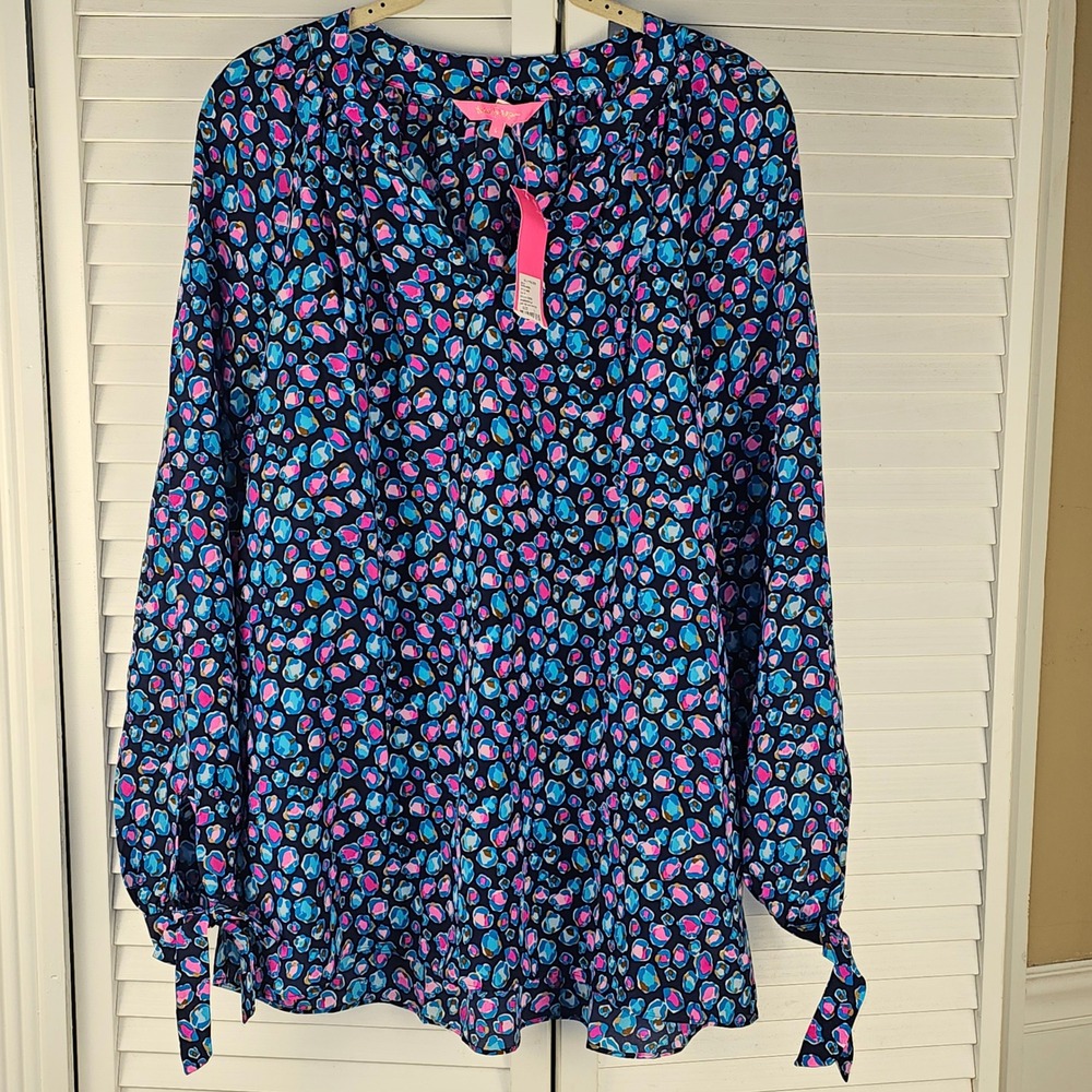 NWT Lilly Pulitzer Seabreeze‎ Blue Low Tide Navy Spotted Silk Esia Top Large
